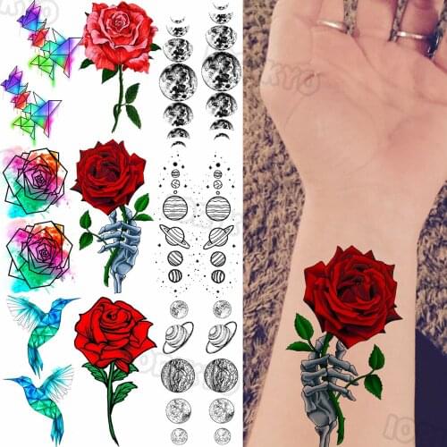 Colorful Rose Flower Temporary Tattoos For Women Girls Realistic Planetary Hummingbird Fake Tattoo Sticker Arm Leg Tatoos Charm