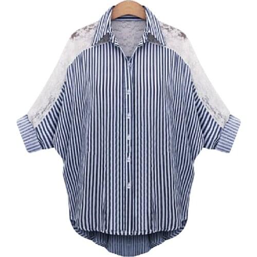 L-6XL Summer Lace Blouse Women 2018 Plus Size Casual Striped Blouses Ladies Loose Stitching Shirts Bat Sleeve Blusas Female Tops