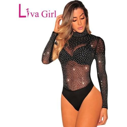 LIVA GIRL Black Mesh Silver Studded Mock Neck Bodysuit Woman 2021 Studded Diamonds Bodycon Jumpsuit Female Long Sleeve Club Tops