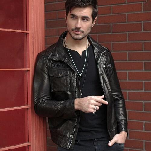 Mens Stylish Embroidery Goatskin Leather Jacket