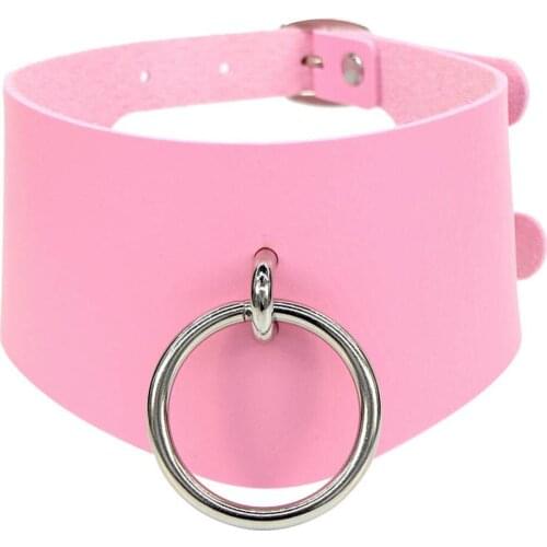 Sweet Pink Charm Neck Strap PU Leather Necklaces Metal Ring Women Girls Harajuku Choker Collar Gothic Jewelry Birthday Party