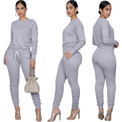 Solid Color Long Sleeve T-shirt Pleated Pants Two-piece Jogger Sports Suit Women Tracksuit Matching Set Black Casual Outfits