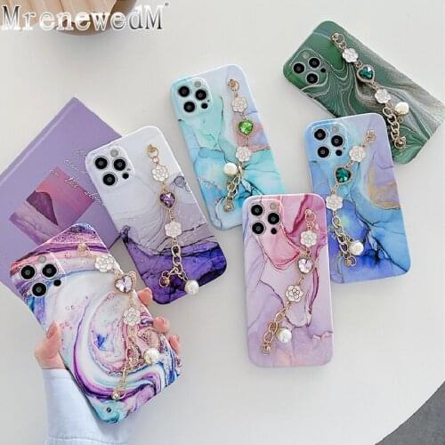 Luxury Marble Gem Bracelet Phone Case For iPhone 11 12 Pro 7 8 Plus X XR XS Max 12 Mini SE2 Pearl Wrist Chain Silicone IMD Cover