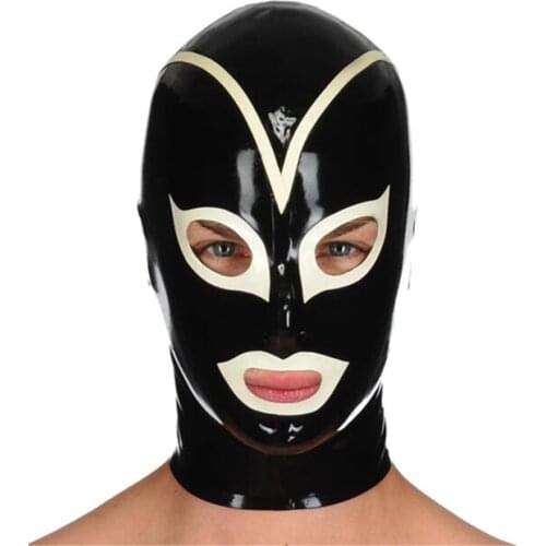 Mystical sexy exotic lingerie handmade black latex hoods with white trim cekc club wear fetish costumes costomize size XS-XXL