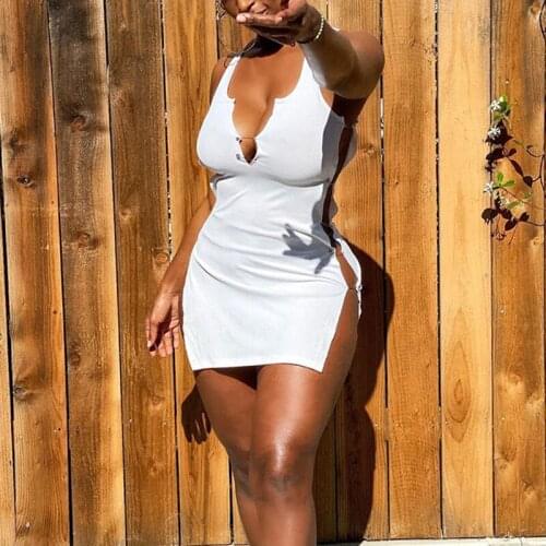 SEASONS 2021 Sleeveless Backless Hollow Out Cut Out Slip Mini Dress Summer Women Fashion Sexy Party Club Dresses Solid ASDR83415