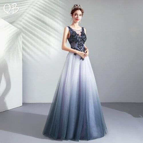 Blue A-line Floor Length Tulle Flowers Lace Beading Luxury Evening Dresses 2020 New Fashion Bride Party Prom Dress XH400