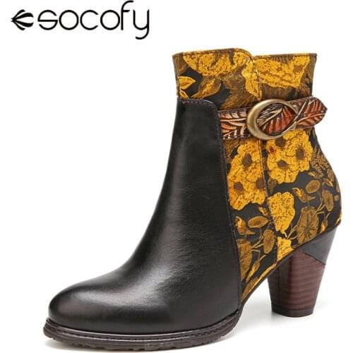 SOCOFY Flowers Printed Buckle Strap Boots Cloth Splicing Solid Color Comfy Heel Short Boots Casual Outdoor Shoe Botas Mujer 2020