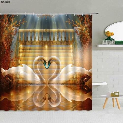 Fantasy Animal Swan Couple Shower Curtain Retro Architecture Watercolor Flowers Bathroom Fabric Hanging Curtains Decor Washable