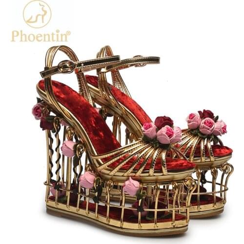 Phoentin Gold Flower Sandals Women Super High Heel 16cm Platform Wedding Shoes Ankle Strap Buckle Luxury Party Shoes Woman FT337