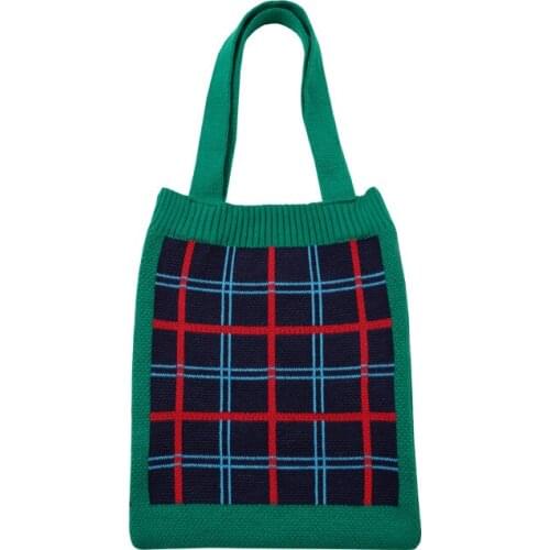 Female Large Capacity Shopping Bag Soft Book Bag for Girls Women Plaid Knitting Tote Shoulder Bags Contrast Color Weave Handbags