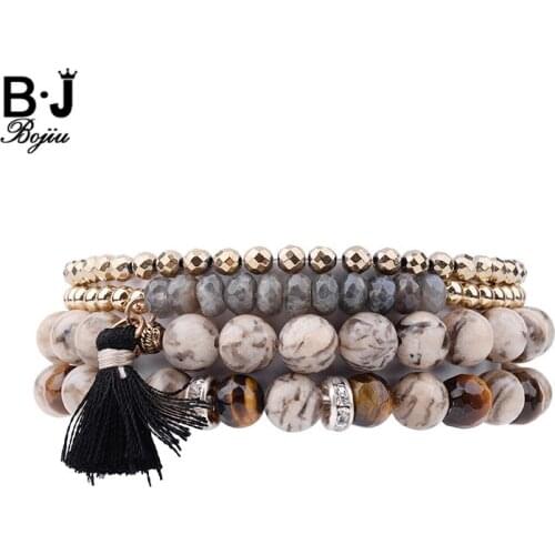 BOJIU 4 Pcs/Set Multilayer Beads Women Bracelets Female Trendy Gold Beads Tiger Eye Natural Stone Bracelet Jewelry Lady BCSET170