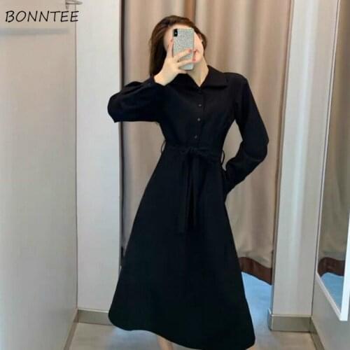 Dresses Women Student Lazy High Waist Turn-down Collar Temperament Casual Abdomen Feminino Vestidos French Fashion Elegant Ins