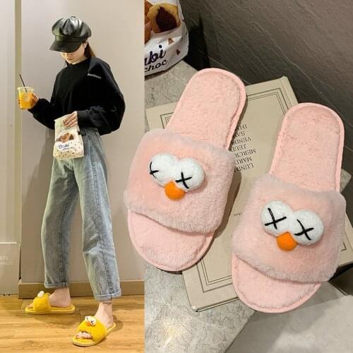 2021 spring and autumn three-dimensional flip flops solid color fluffy girls slippers cartoon cotton slippers home flat bottom