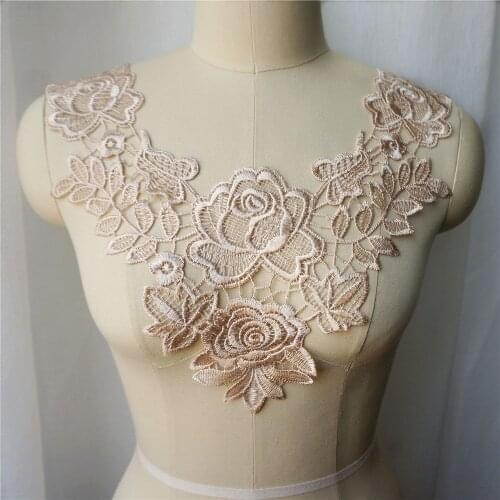 Beige Embroidered Gown Appliques Lace Fabric Trims Collar Mesh Sew On Patches For Wedding Decoration Dress DIY