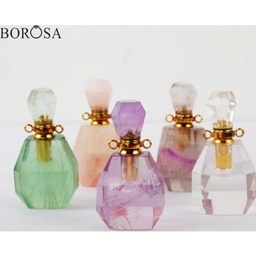 BOROSA 3Pcs Gold Amethysts White Quartz Perfume Bottle Connector Multi-Kind Natural Stone Perfume Bottle for Necklace WX1196