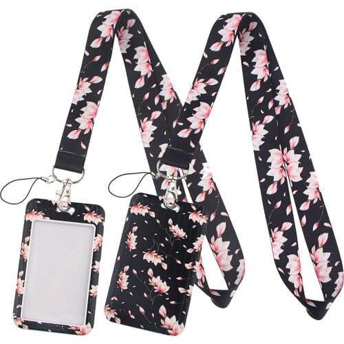 LT2 Cherry blossoms Key Rings Lanyard Credit ID Badge Holder Bag Student Women Travel Bank Bus Business Card Cover Keychain