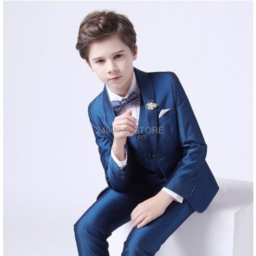 Kids Noble Jacket Vest Pants 3Pcs Dress Flower Boys Luxurious Wedding Suit Children Piano Performance Party Costume 2-16Y