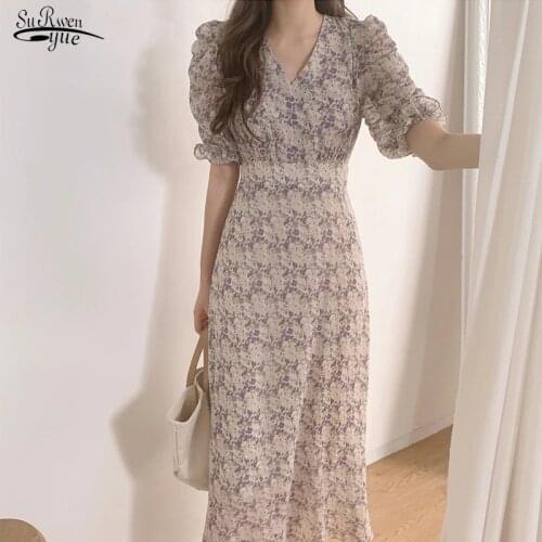 Korean Style Vintage Floral Long Dress 2021 Summer Printing Dress High Waist V-neck Short Sleeve Fashion Party Dresses 9813