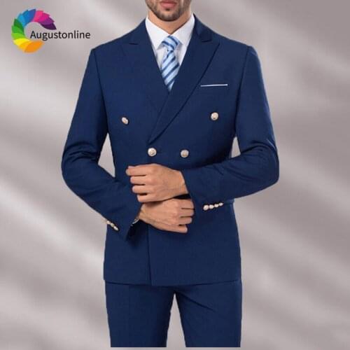 Double Breasted Navy Blue Men Suits for Wedding Custom Made Groom Tuxedo Man Suit Slim Fit Best Man Blazers 2 Piece Jacket Pants