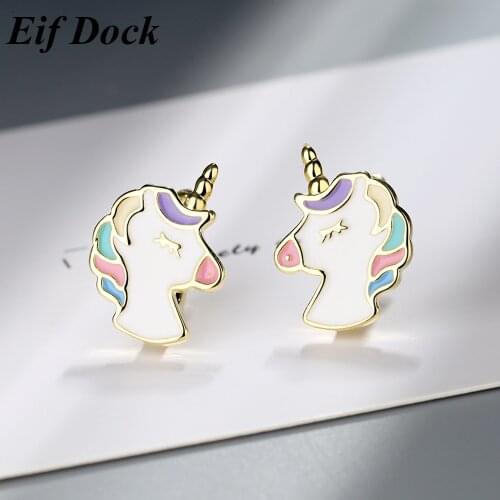 Eif Dock Summer Party Dazzling Unicorn Licorne Stud Earrings For Women Kids Wedding Gift Female Bestfriend Gift