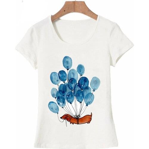 New Summer Women t shirt Blue Dachshund dog and balloons Watercolor Art T Shirt Casual Tops short sleeve t-shirts for girl