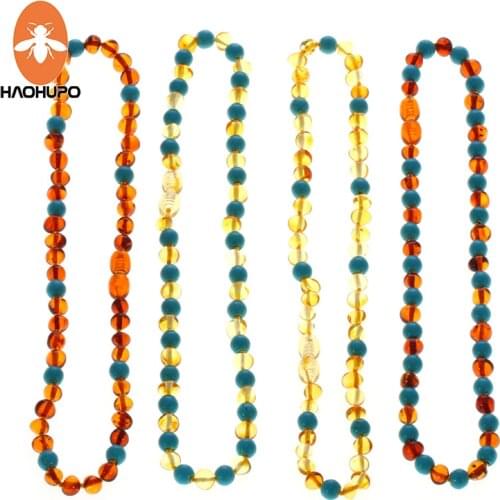 HAOHUPO Baroque Amber Necklace with Natural Turquoise Certificate Authenticity Genuine Baltic Amber Bead Baby Jewelry Necklace