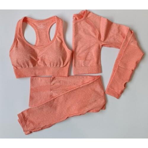 Fashion 3 Piece Set Women Clothing Fitness Long Sleeve Shirts Workout Crop Top Running Bra Seamless Leggings Yoga Sports Suit