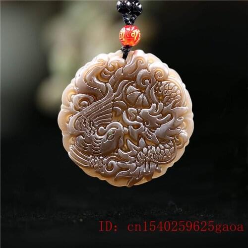 Brown Jade Dragon Phoenix Pendant Natural Carved Fashion Men Jadeite Gifts Necklace Jewelry for Women Charm Amulet Chinese