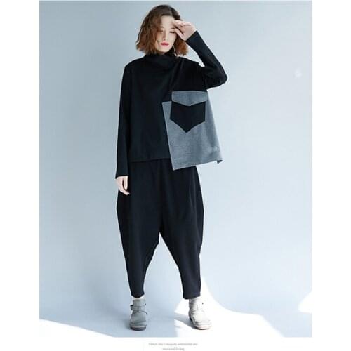 Single/Suit Womens Spring Autumn Fashion High Collar Irregular Stitching Top Elastic Waist Harem Pants Plus Size Two-piece Set