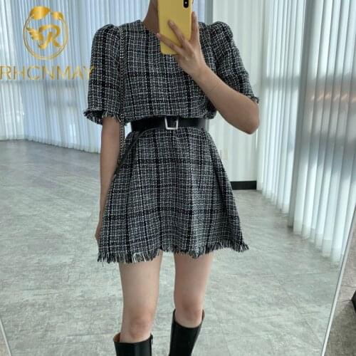 Fashion Korea Plaid Dress Womens Spring Summer 2021 New Loose Round Neck Slim Short Sleeve Mini Dresses With Belt For Women