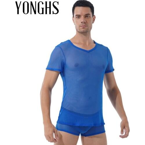 Mens Set Short Outfit Hollow Out Mesh V Neck Short Sleeve T-shirt with Elastic Waistband Boxer Shorts See-through Lingerie Suit