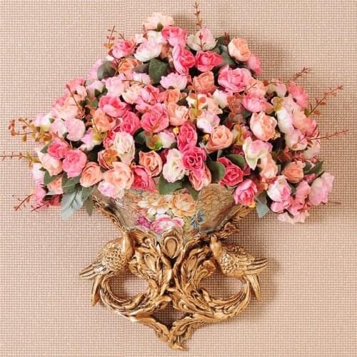 European Retro Wall Vase +Aritificial Flower Set Decor Hotel Office Wall Hanging Decoration Crafts Home Bedroom Wall Mural Art