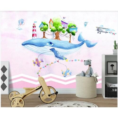 Custom mural on the wall photo wallpaper 3d Hand drawn whale airplane big tree pink children room Wallpaper in the living room