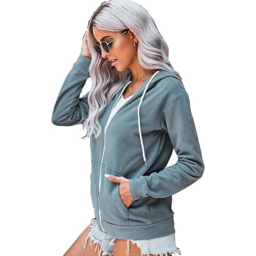 Autumn Women Long Sleeve Zip-Up Hoodie Solid Color Cardigan Jacket Open Front Loose Casual Fashion Trendy Street Sweatshirt