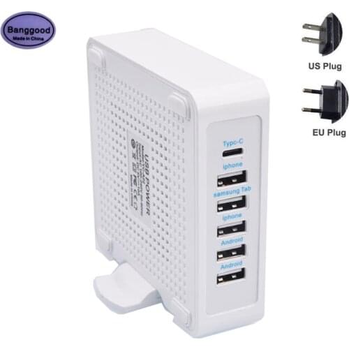 PD18W Intelligent 6-IN-1 QC3.0 Rapid USB Power Charger 6 Port 1 Type-c 5 USB Port Splitter Socket Hub Charge Adapter with Switch