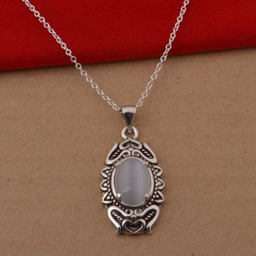 Vintage Silver Color Fire Opal Gems Stone Pendant Chain Necklace Women Princess Necklace Wedding Jewelry Anniversary Party Gifts