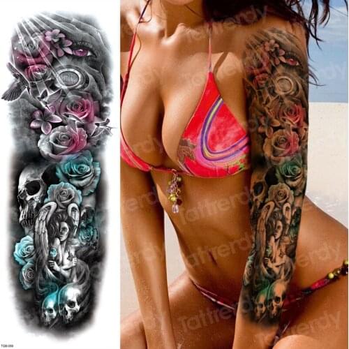 Full arm temporary tattoos Death rose skull tattoo horror eyes halloween tattoo stickers body art fake tatoo woman fashion tatto