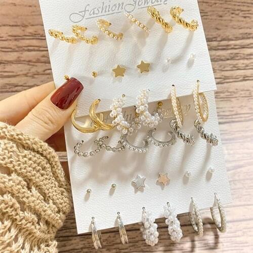 Womens Korean Pearl Circle Hoop Earrings Fashion Geometric Gold Silver Star Pearl Circle Earrings Trend Fashion Party Gift