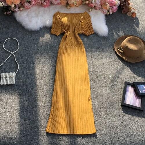 FTLZZ New Summer Women O-neck Short Sleeve Folds Pleated Dresses Office Lady Solid Color A-line Medium Long Dresses
