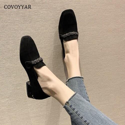 COVOYYAR Korean Style Flock Lady Pumps Spring Autumn Square Toe Low Thick Heel Slip Ons Loafers Casual Flat Women Shoes WHH300
