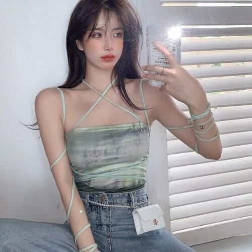 Wenfly Women Suspender Halter Backless Lace-up Sleeveless StraplessTie Dye Short Tops Sexy Sheath Beach Vest Female