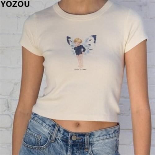 Women summer vintage sweet cartoon butterfly baby pattern printting short sleeve crop top cropped tee tshirt for female