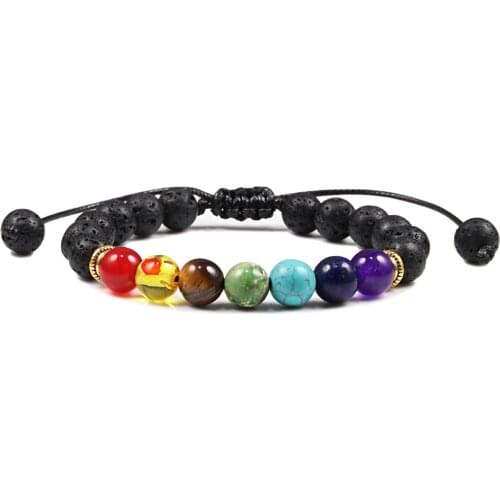 7 Chakra Braided Beaded Bracelet Natural Black Lava Stone Healing Balance Adjustable Bracelets Handmade Jewelry For Men Women