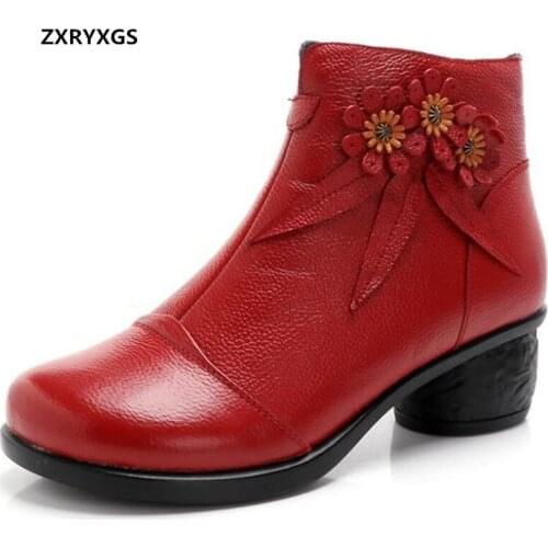 Promotional 2021 New Classic Flowers Genuine Leather Winter Boots Thick Heel Warm Cotton Shoes Fashion Boots Female Short Boots