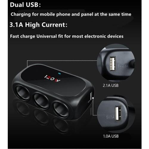 12V-24V Dual USB Port Fast Charging Car Charger 3 Cigar-ette Lighter Socket Splitter Plug Power Phone Adapter New hot boutique