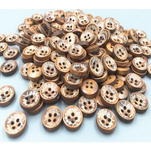 DIY 200pcs Brown 4-hole printing Round Buttons sewing Wooden Craft scrapbooking 12mm