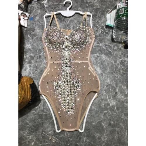 Women New Sparkly Rhinestones Pearl Mesh See-Through Singer Sexy Bodysuit Performance Party Celebrate Glisten Costume Jumpsuit