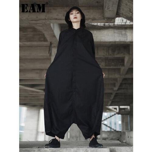 [EAM] 2021 Spring Trendy New Personality Loose Big Size Solid Color Half Sleeve O-neck Jumpsuit Women YA11601