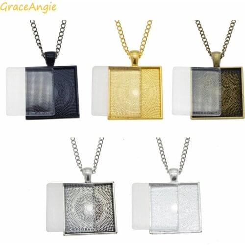 GraceAngie 5sets Zinc Alloy Necklace Square Pendant Crafts Tray Bezel Pendant Base Glass Cover Chain Mixed color Jewelry 36*28mm
