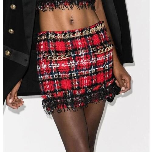 QUALITY Newest HIGH 2021 Designer Skirt Womens Chain Sequined Fringed Tassel Plaid Tweed Mini Skirt